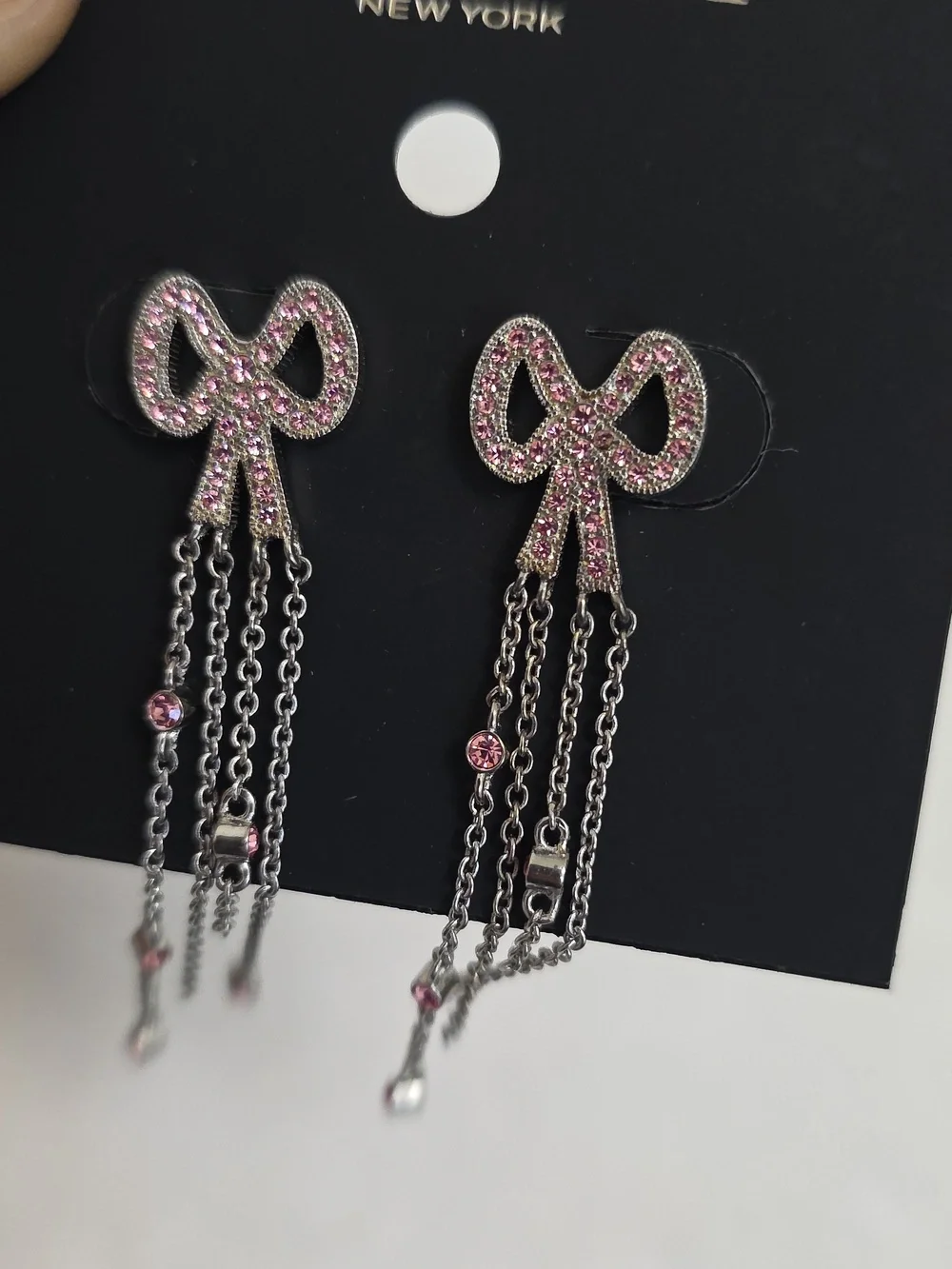 NWT COACH Pink Crystals Pave Silver Stainless Steel Bow Fringe Stud Earrings